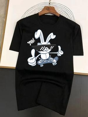 T-shirt Homme en Pur Coton Imprimé Graphique Amusant T-shirt Lapin Tendance Hauts de Rue Y2K Streetwear Marque de Luxe T-shirt Homme