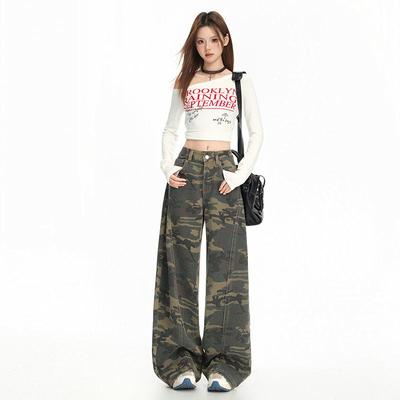 Women's High Street Camouflage Wide-Leg Jeans - Autumn Loose Fit with Slimming Draped Scimitar Cut