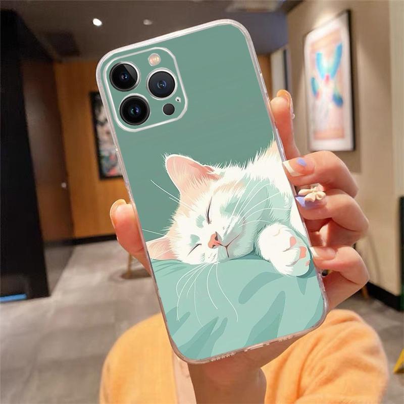 Cute White Cat Phone Case For iPhone 17 Pro Max Air 17 16 15 14 13 Pro Max 15 16 Pro 15Plus Silicone Cover