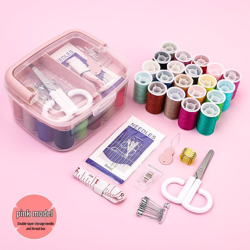 Sewing Kit with Thread, Needle, and Cross-stitch Tools in Solid Wood Pouch