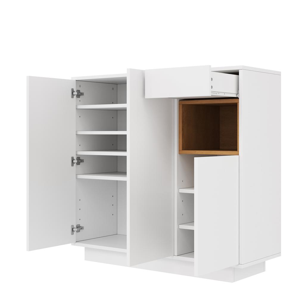 This shoe cabinet with one drawer in white and natural wood is perfect for a modern entryway. It offers space for 14–18 pairs of shoes.