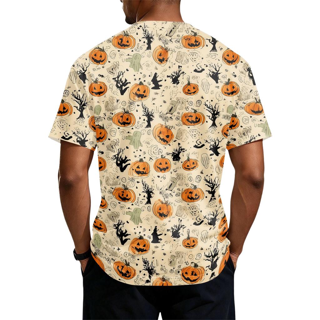Men's Halloween Printed Crew Neck Short Sleeve Shirt Casual Loose Fit Top with and Pumpkin Pattern for Holiday