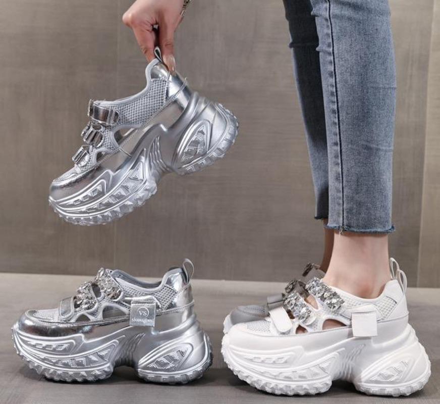 Fashion 8cm Air Mesh Synthetic Platform Wedge Casual Bling Bling Leather Comfy High Brand Summer Lace Up Flat Chunky Sneaker Shoes