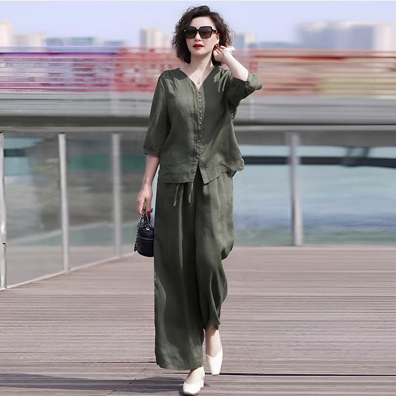 Tencel Linen Summer 2026 Korean Style Two-Piece Set: Top & Wide-Leg Pants for Middle-Aged Women