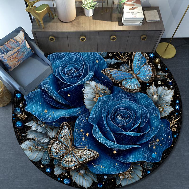 Blue Roses Round Area Rug,Carpet Rug for Living Room Bedroom Sofa Playroom Decor,Non-slip Floor Mat