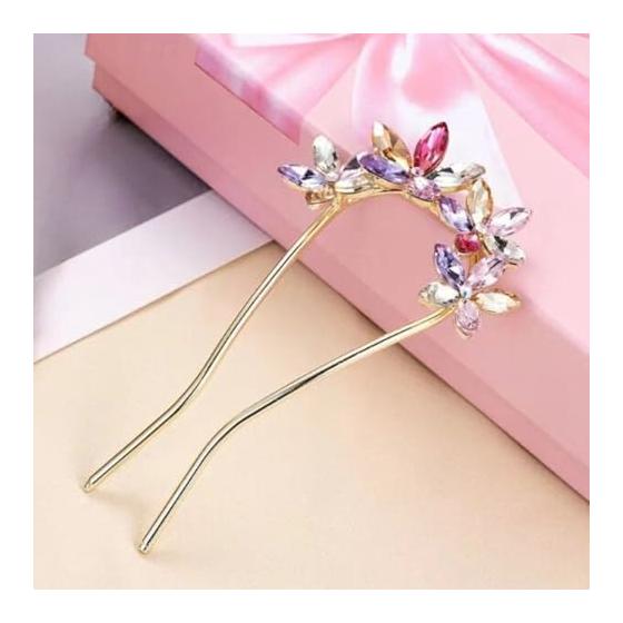 Miaomyao U-Shaped Hairpin for Japanese Kimono and Yukata, Metal Antique Hair Accessory with Cherry Blossom Flower and Zirconia, Multi-color,