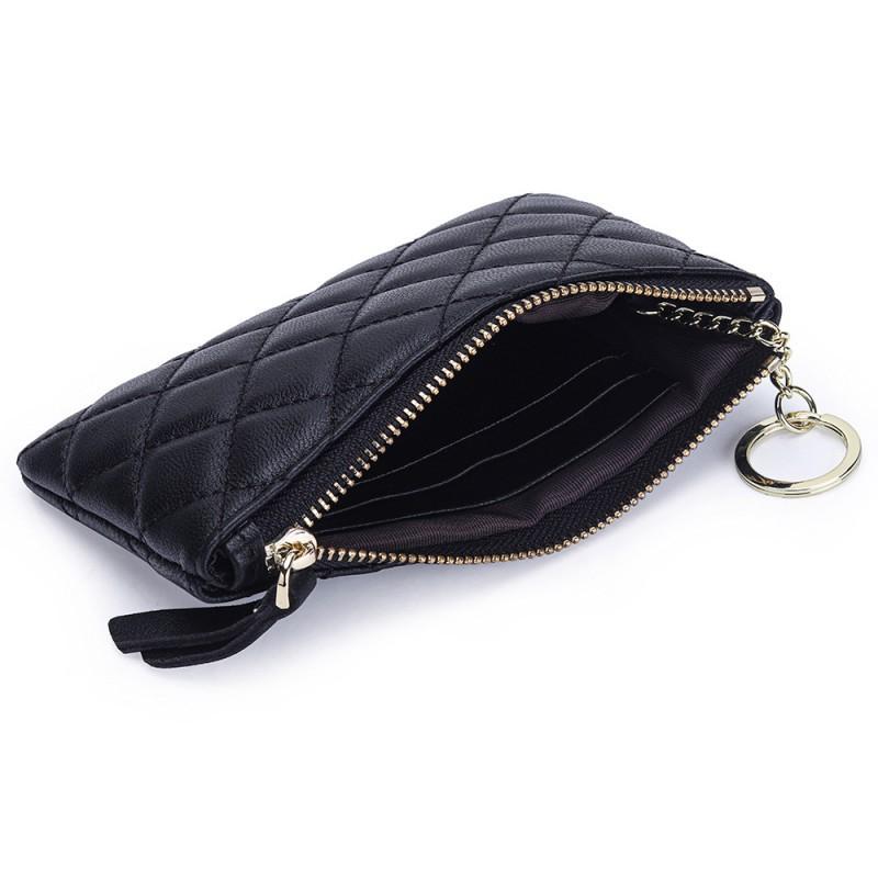 Korean Sheepskin Change Purse Women's Hand-held Key Chain Loose Wallet Diamond-grid Zipper Mini Genuine Leather