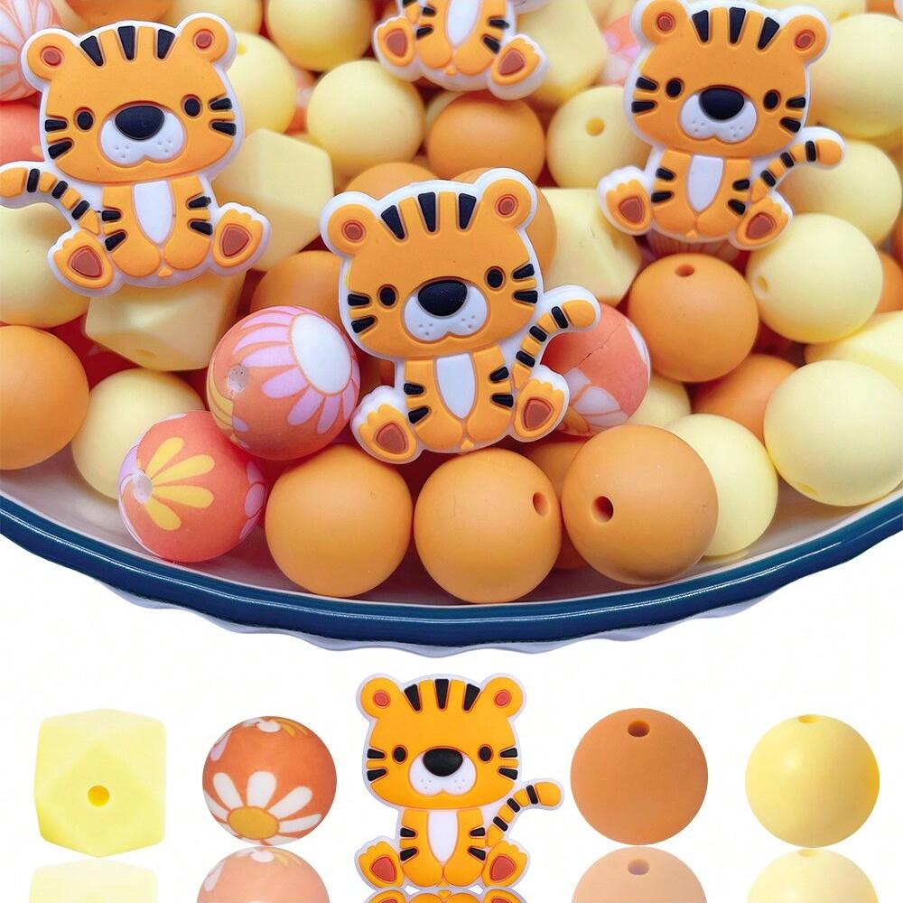 30PCS Silicone Bead Set - Cute Dinosaur, Plant & Flower Designs for DIY Jewelry, Keychains, Bracelets & Craft Pens