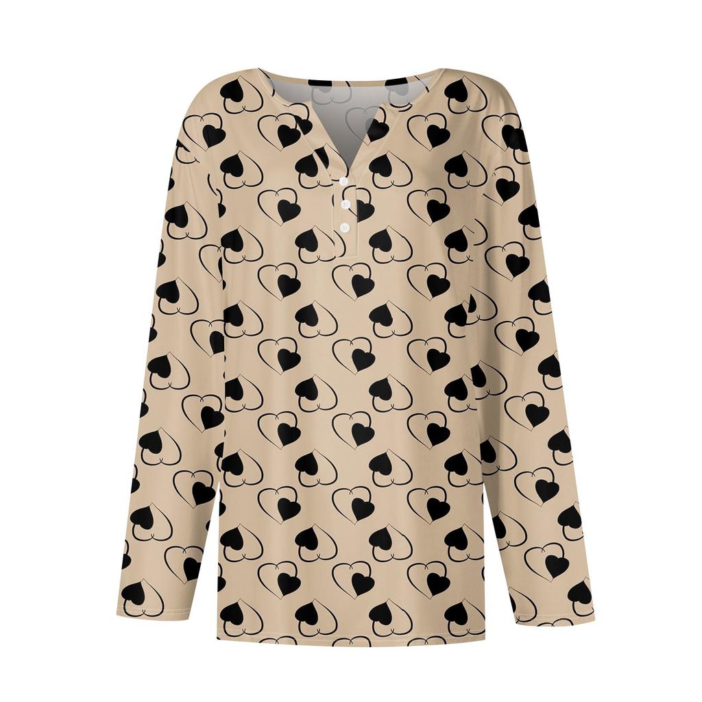 Women's T Shirt Tee Valentine's Day Printed Button Long Sleeve Tunic Daily Weekend Fashion Basic V- Neck Regular Top