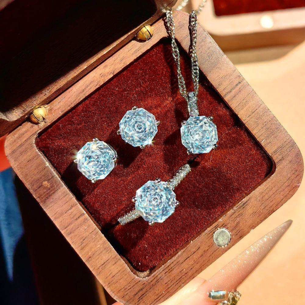 Octagonal Paraiba Pendant Necklace with Sparkling Diamond Earrings Yellow Gold Ring Women Jewelry Set