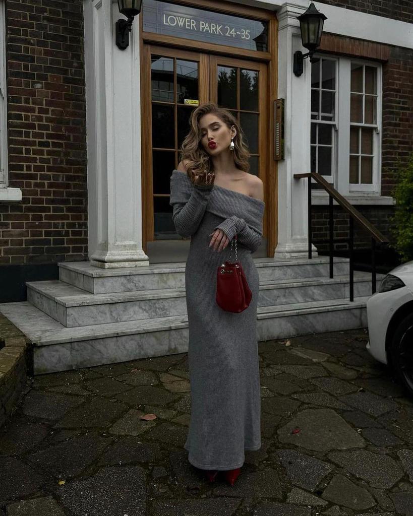 2024 High-End European & American One-Shoulder Sweater Dress - Women's Long, Waist-Hugging, Hip-Wrapping Style