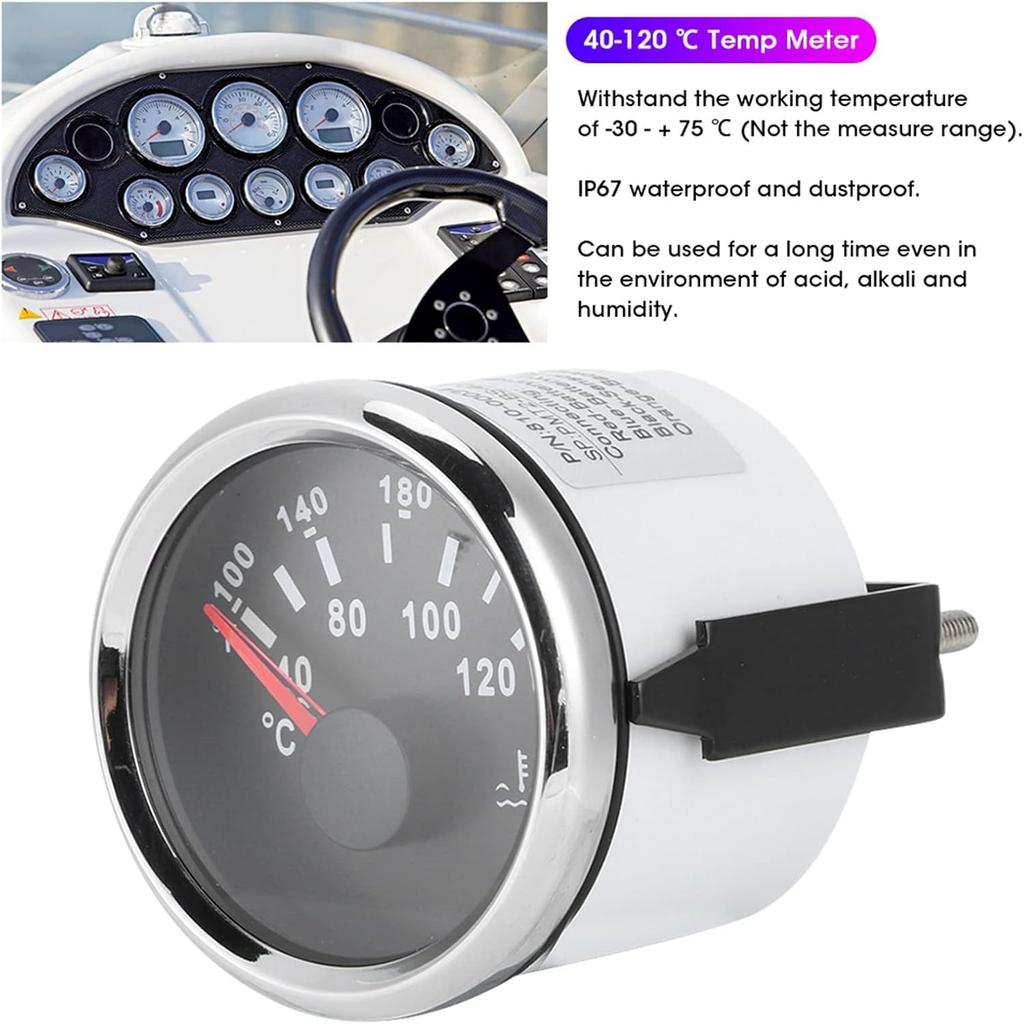 Water Temperature Gauge, 52mm/2in Marine Engine Water Temperature Gauge 40-120 ℃ Indicating Range IP67 Water Temp Meter Instrument Tool for Boat RV
