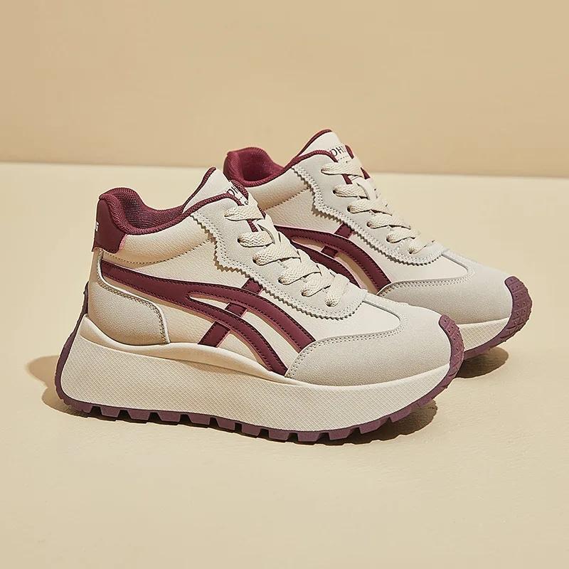 2025 Spring Thick Bottom Women's Shoes Casual Patchwork Leather Sneakers Casual Vulcanised Shoes Student Femme Shoes