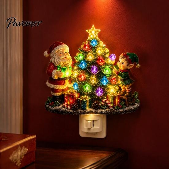 Resin Christmas Tree Light Santa Elf Decorative Plug-in Night Light, Wall Indoor Holiday Lighting Nightlight, Vintage Xmas Ornament for Bedroom