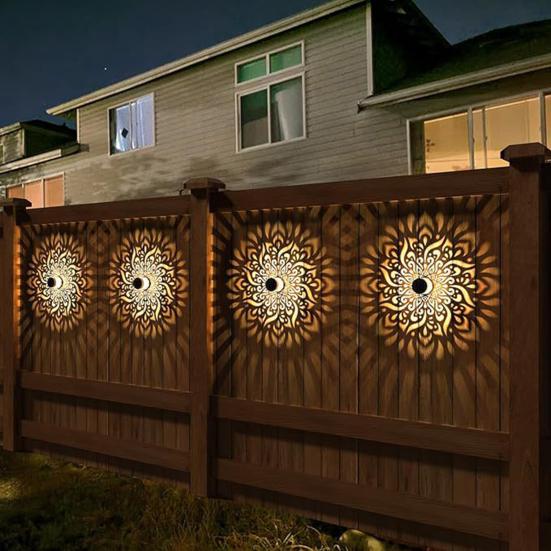 Solar Fence Light Outdoor Deck Step Wall Light Waterproof LED Warm Yellow Light with Flower/Butterfly Pattern for Yard Porch Patio Backyard Decor