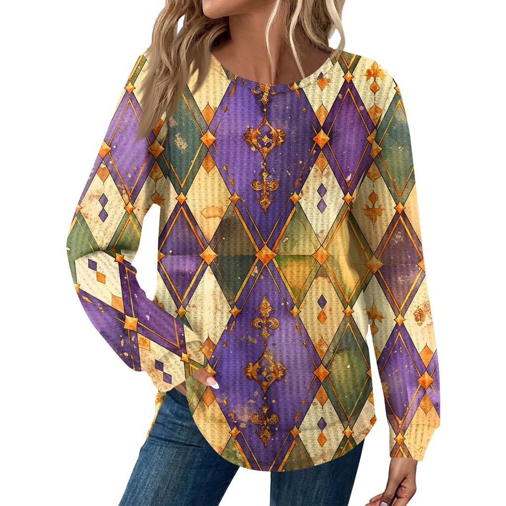 Women's Fashion Loose Long Sleeve Carnival Print Round Neck Casual Top
