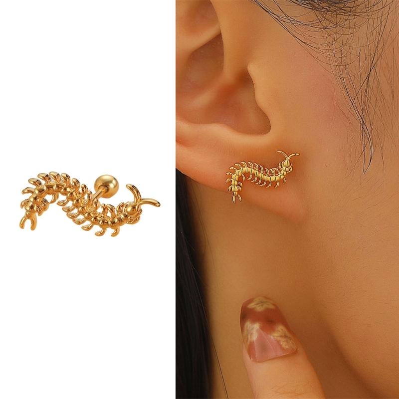 Stainless Steel Centipede Studs Earrings Vintage Geometric Personality for Women Men Ear Bone Nails Jewelry Gift