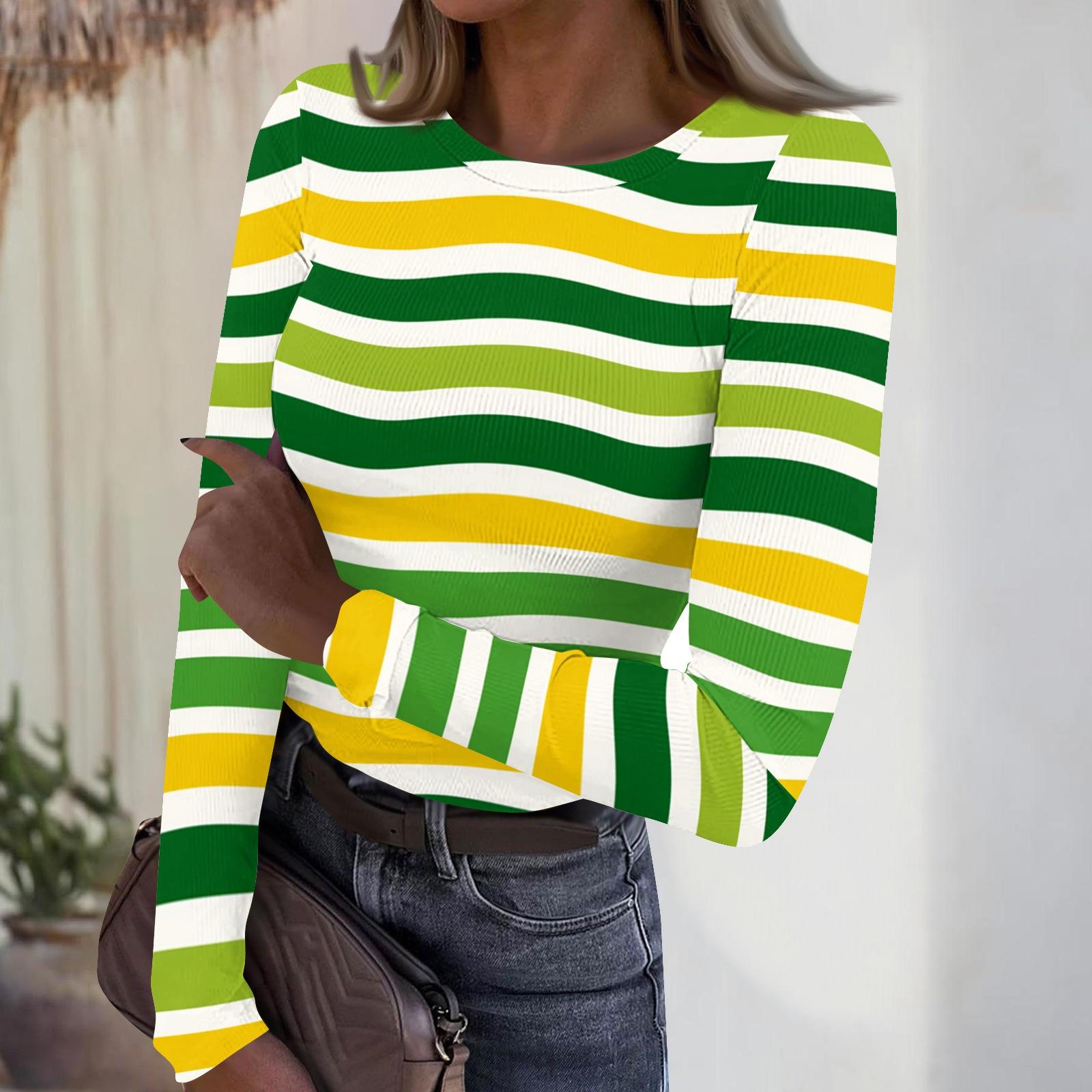

Women s Casual Fashion Round Neck Striped Print Long Sleeve Ribbed Top XL жовтий