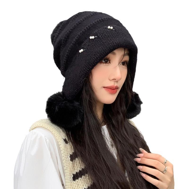 Autumn and Winter Rabbit Hair Hat for Women Pearl Lace Wool Ball Knitted Wool Hat for Winter Warmth and Cold Protection Ear Protection Hat Trend
