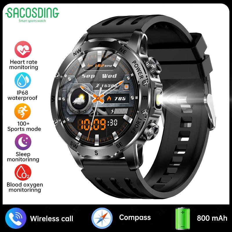 SACOSDING 800mAh Akku mit großer Kapazität Smartwatch Herren Outdoor Kompass Taschenlampe IP68 Sport Fitness Sprachanrufe Herren Smartwatch