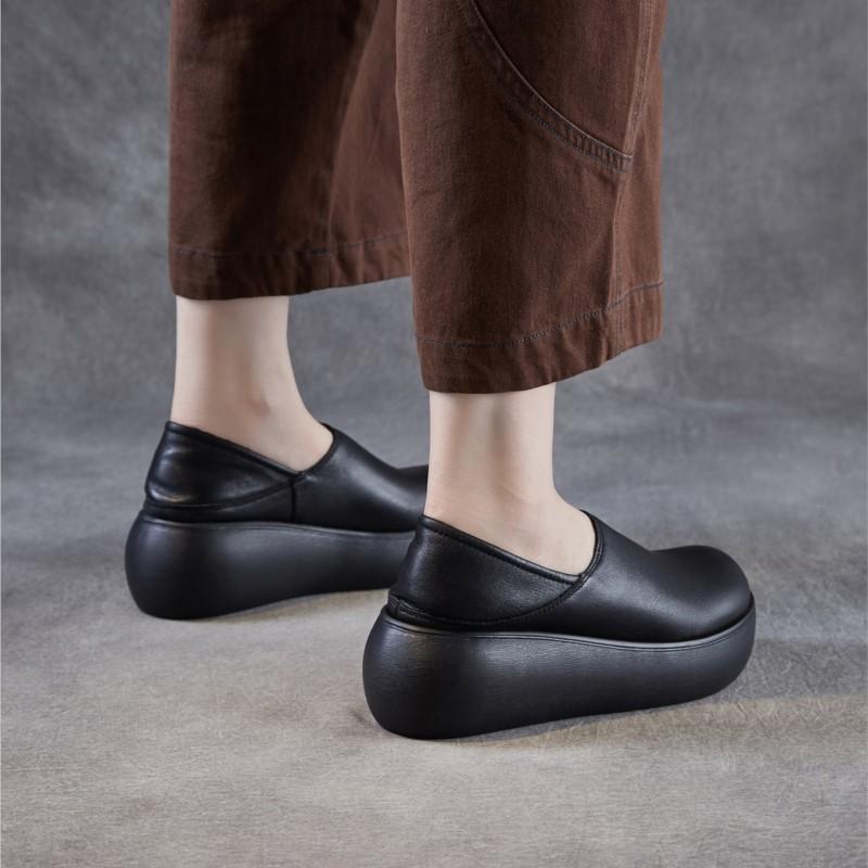 Johnature Genuine Leather Thick Soled Loafers Retro Round Toe Women's Slip-on Flat Platform Shoes