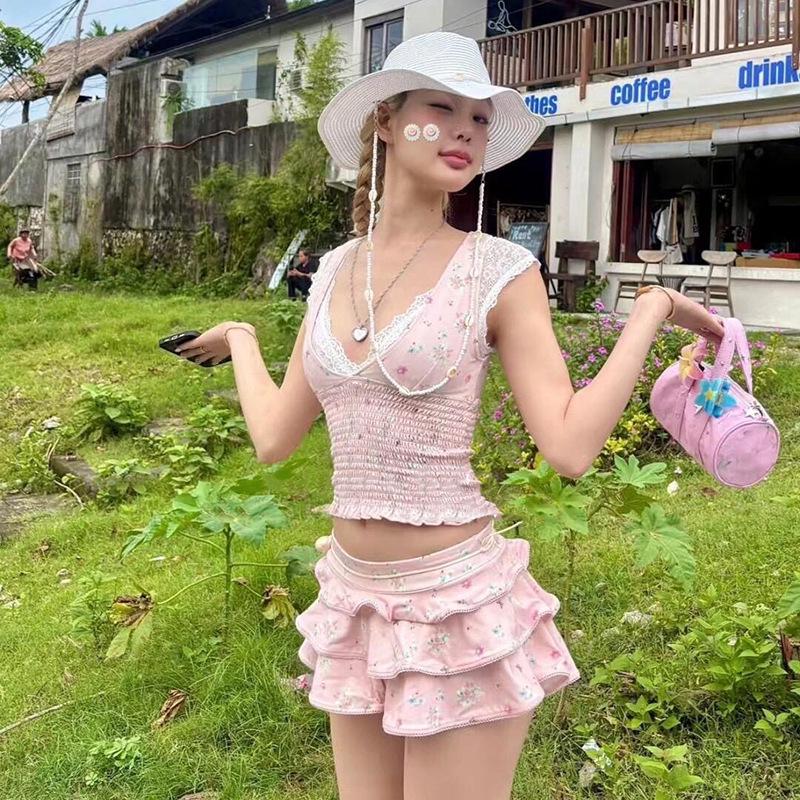 

2026 Summer Sweet Slimming Cake Skirt Swimsuit for Women XL розовый