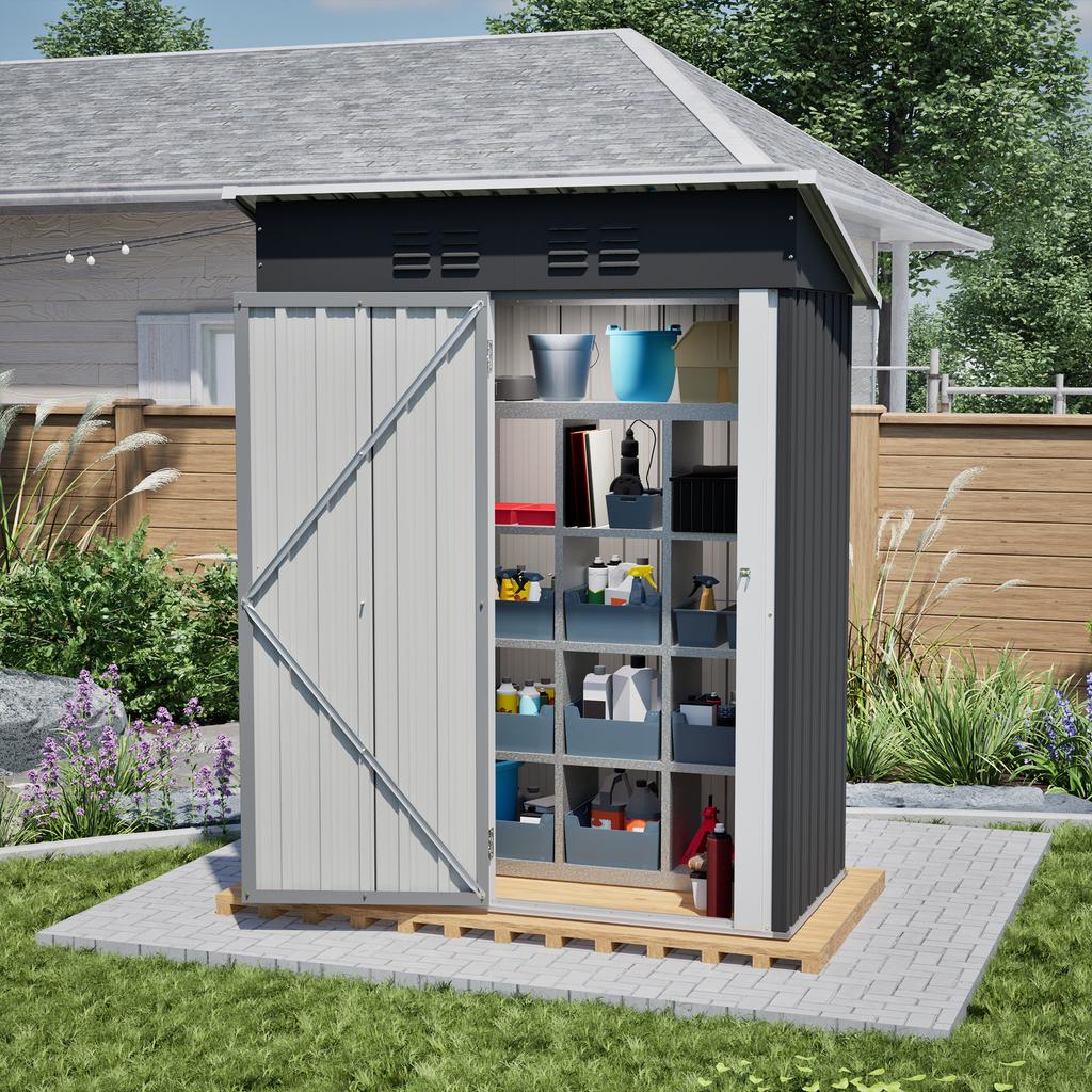Capanno da Giardino Tetto Piano 152x84x182 cm, Capanno Attrezzi con Porta in Metallo Chiusurabile, Senza Finestra, 1,27 m² di Spazio di Stoccaggio, Design Resistente alle Intemperie per Attrezzi da Giardino, Nero