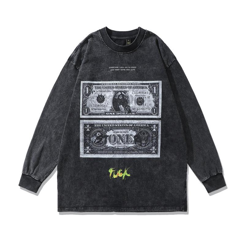 American High Street Retro Long-Sleeved T-Shirt White Ink Direct Spray Print Heavy Cotton Washed Crew Neck Sweatshirt Men'S Ins