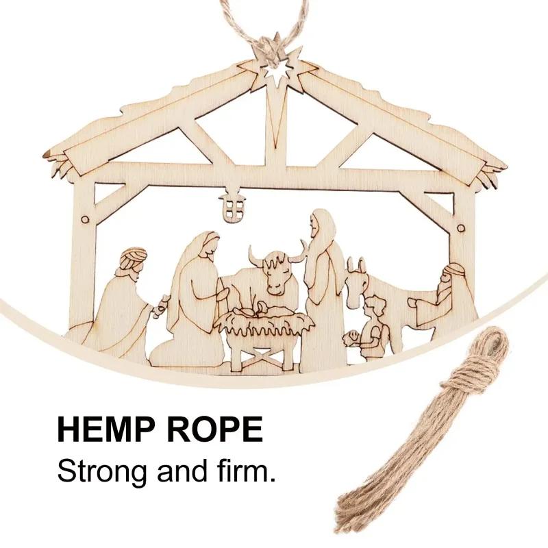 A Top Quality Jesus Manger Wooden Hanging Pendants House Shape Christmas Tree Decorations Religious Wood Gifts for Home Cafe