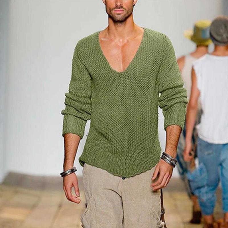 Maglione Pullover Casual da Uomo con Scollo a V Profondo, Manica Lunga, in Maglia, Colore Unito, Vestibilità Larga per Autunno Inverno