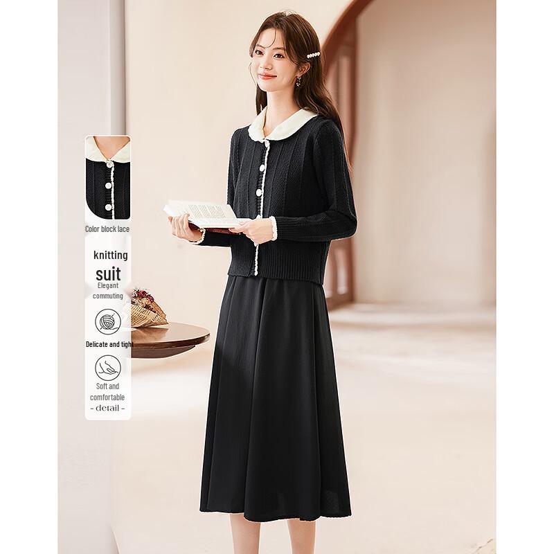 

Contrast Lace Knit Jacket & Dress Two-Piece Set One Size