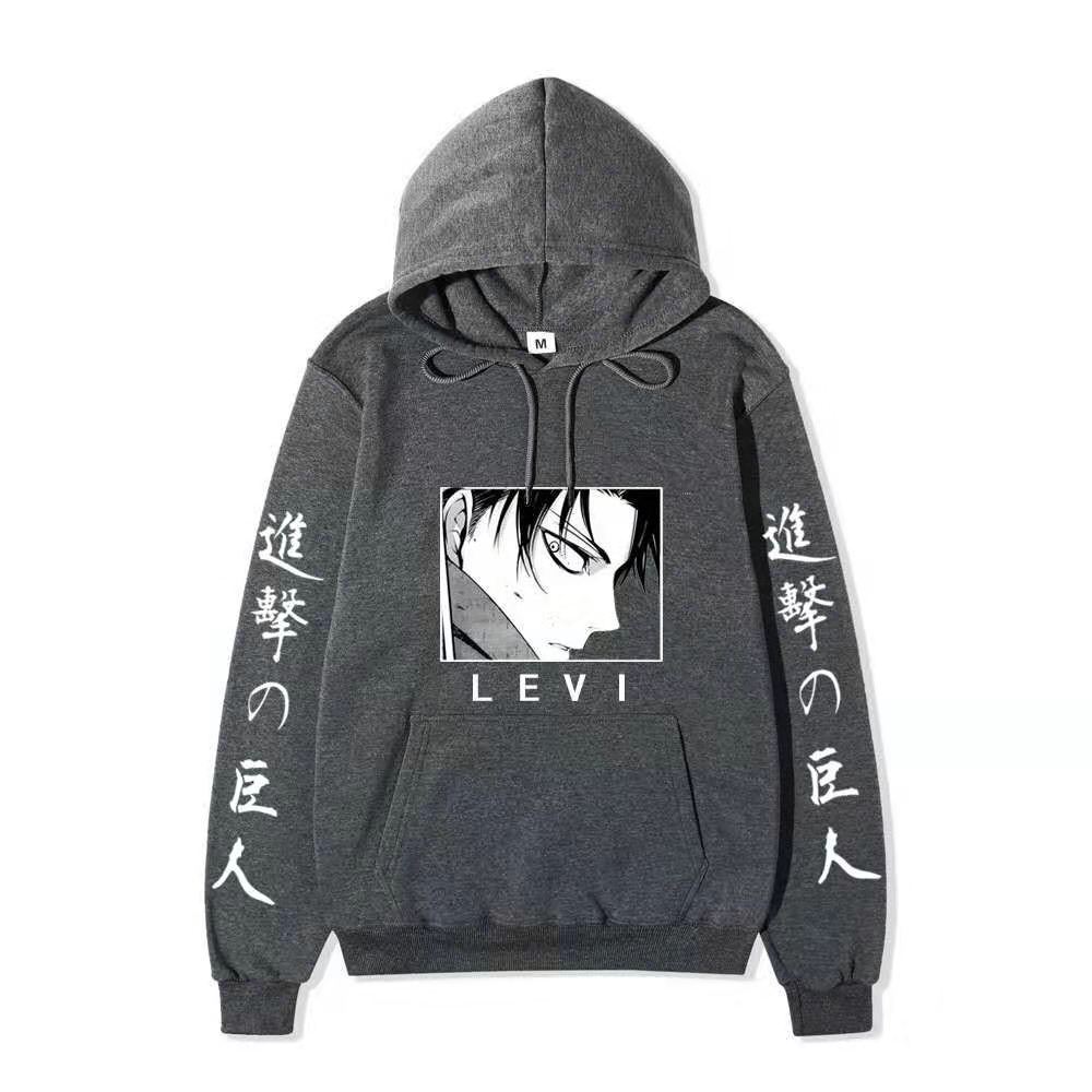 Anime Attack on Titan Levi Ackerman Hoodie, Double Sleeve Japanese Text Print Pullover Sweatshirt Long Sleeve Streetwear for Men Women