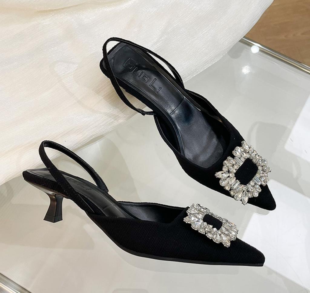 Baotou Sandals Women's Stiletto Summer Design Sense Fairy Wind Word with Rhinestone Pointed Temperament High Heels Women