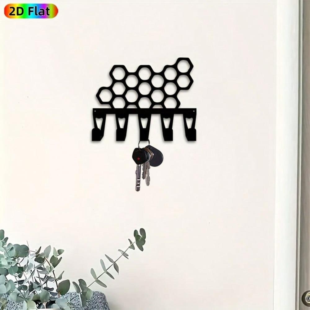 Metal Honeycomb Key Holder Wall Art with 5 Hooks, Modern Key Storage Organizer for Home Office Decoration Gift