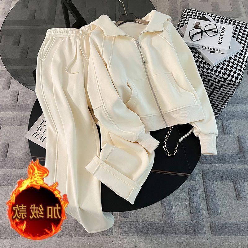 Women's Trendy Blue Velvet-Lined Hooded Sweatshirt & Wide-Leg Pants Set for Fall & Winter