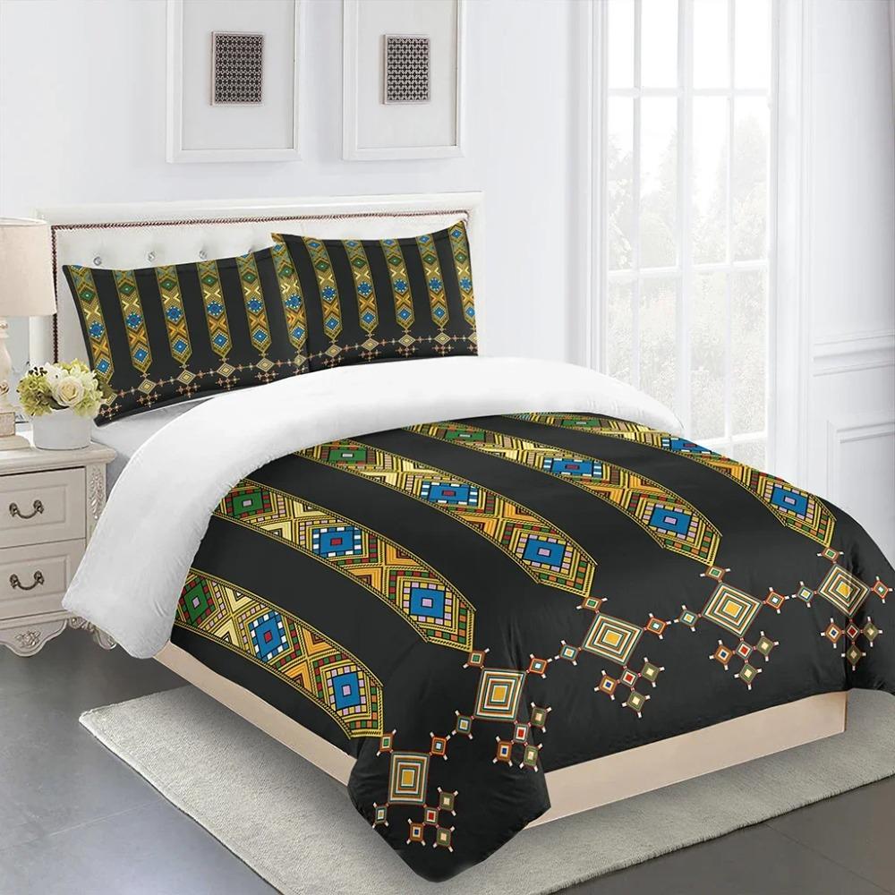 3D Deluxe Black Gold Striped Bedding Ethiopia Style Bed Three Sets Single Bed Double Bed Quilt Cover 2 Pillowcases