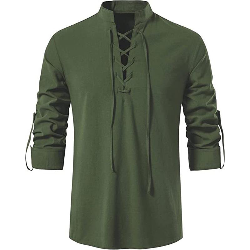 Herren Sommer Baumwollpullover Hippie Lässig Strand Stehkragen Hemd Mit Gürtel Langarm Strandtop