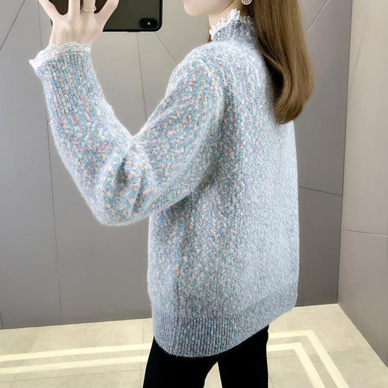 Lace Half High Collar Sweaters Women's Autumn and Winter Large Size Loose Bottom Knitted Pullovers Casual Print Jumpers