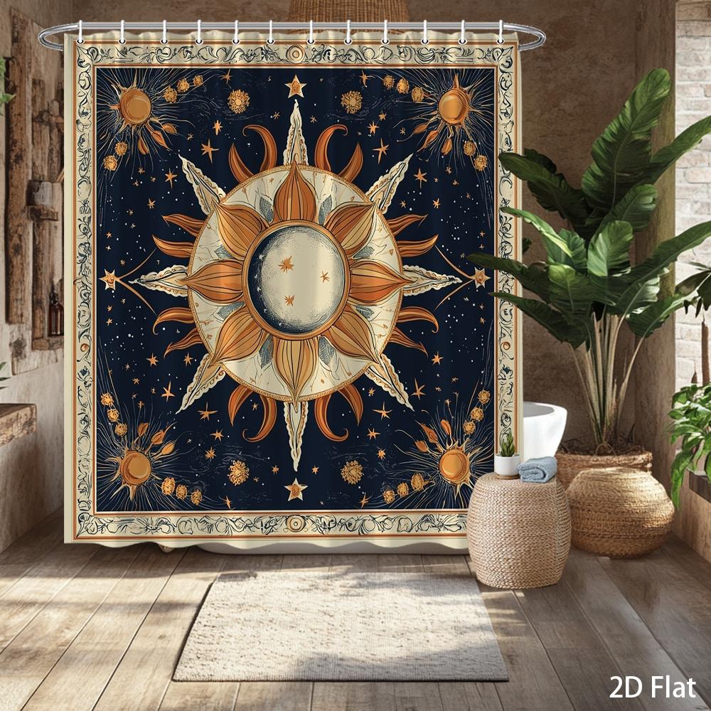 Celestial Sun & Moon Shower Curtain – Astronomical Art with Golden Stars, Deep Blue Background, Vintage Celestial Design