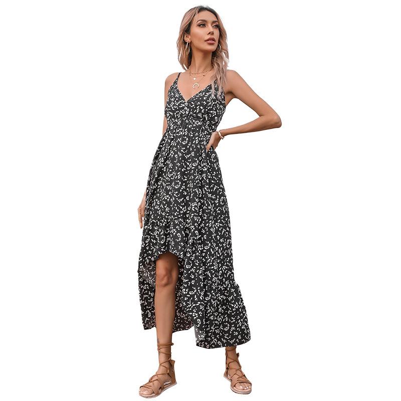 Summer sexy print v-neck irregular suspender dress women