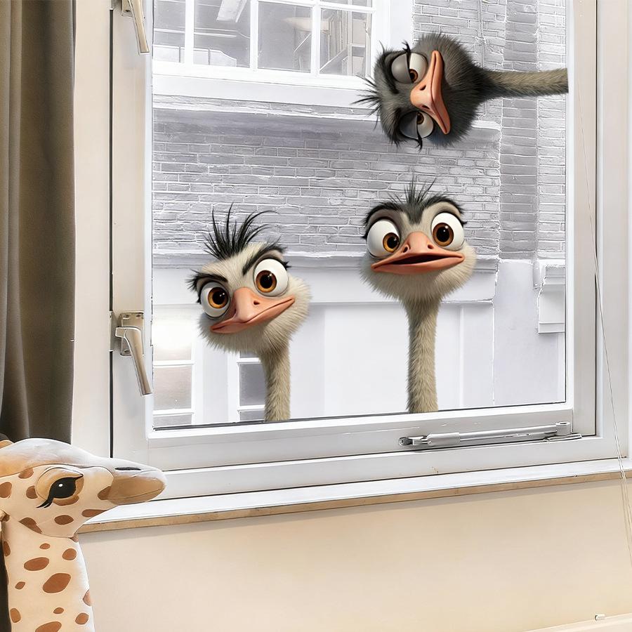 Static Cling Cartoon Ostrich Peeking Through Window Double Sided Same Color Glass Window Sticker Home Decor
