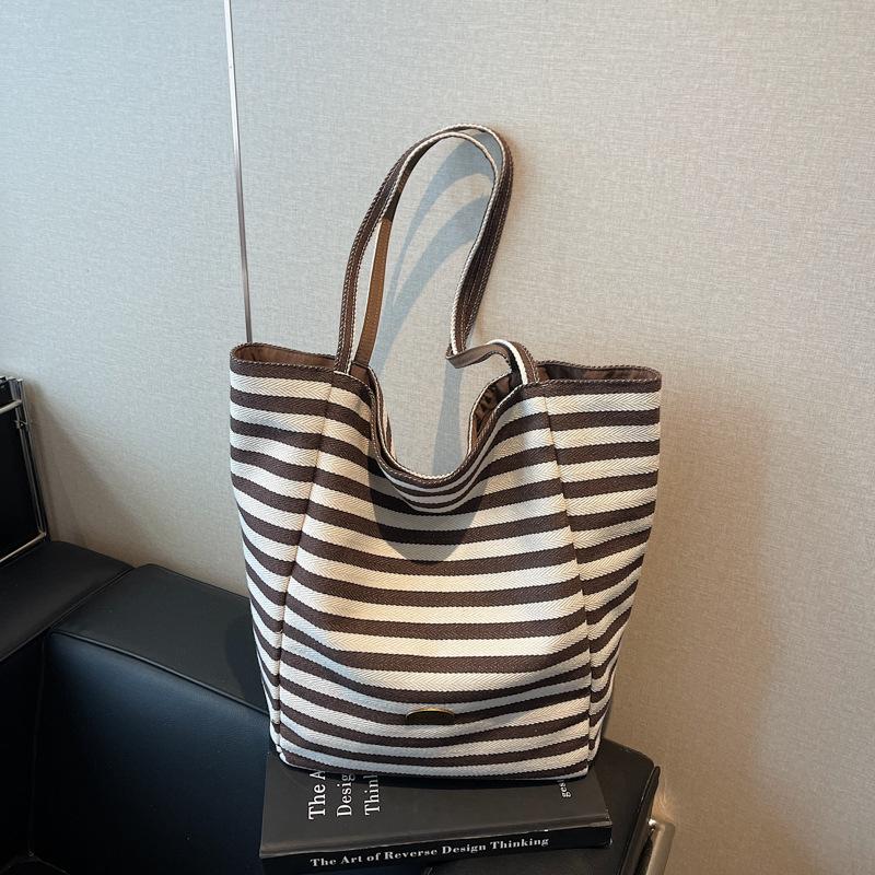 Summer striped canvas bag women's new double-sided shoulder underarm tote bag Korean portable shopping bag