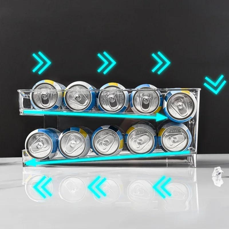 Beverage Storage Box 2 Layer Beer Drinks Can Soda Bottle Fridge Jar Holder Auto Rolling Dispenser Kitchen Refrigerator Organizer