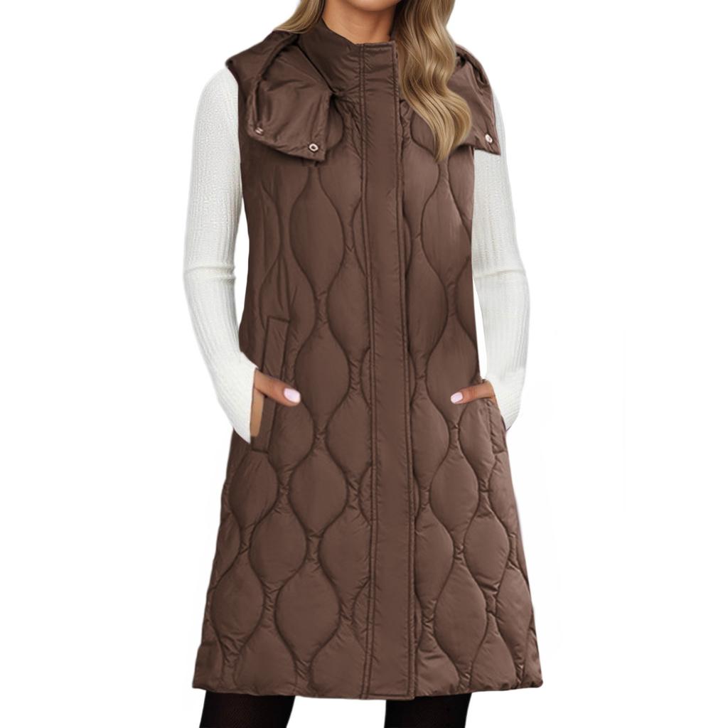 Long Vest Women Sleeveless Hooded Fall Winter Button Down Zip UpVests Jacket Outwear