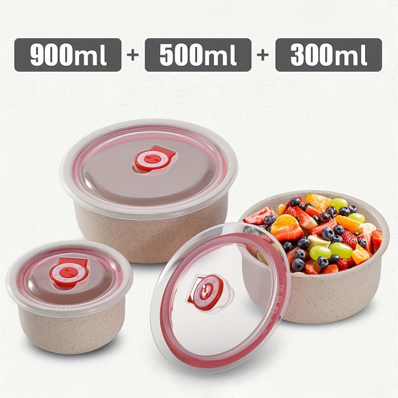 3Set Wheat Straw Freshness Bowl Plastic Microwave Oven Soup Bowl Crisper Practical Bowl round with Lid Lunch Box Salad Bowl