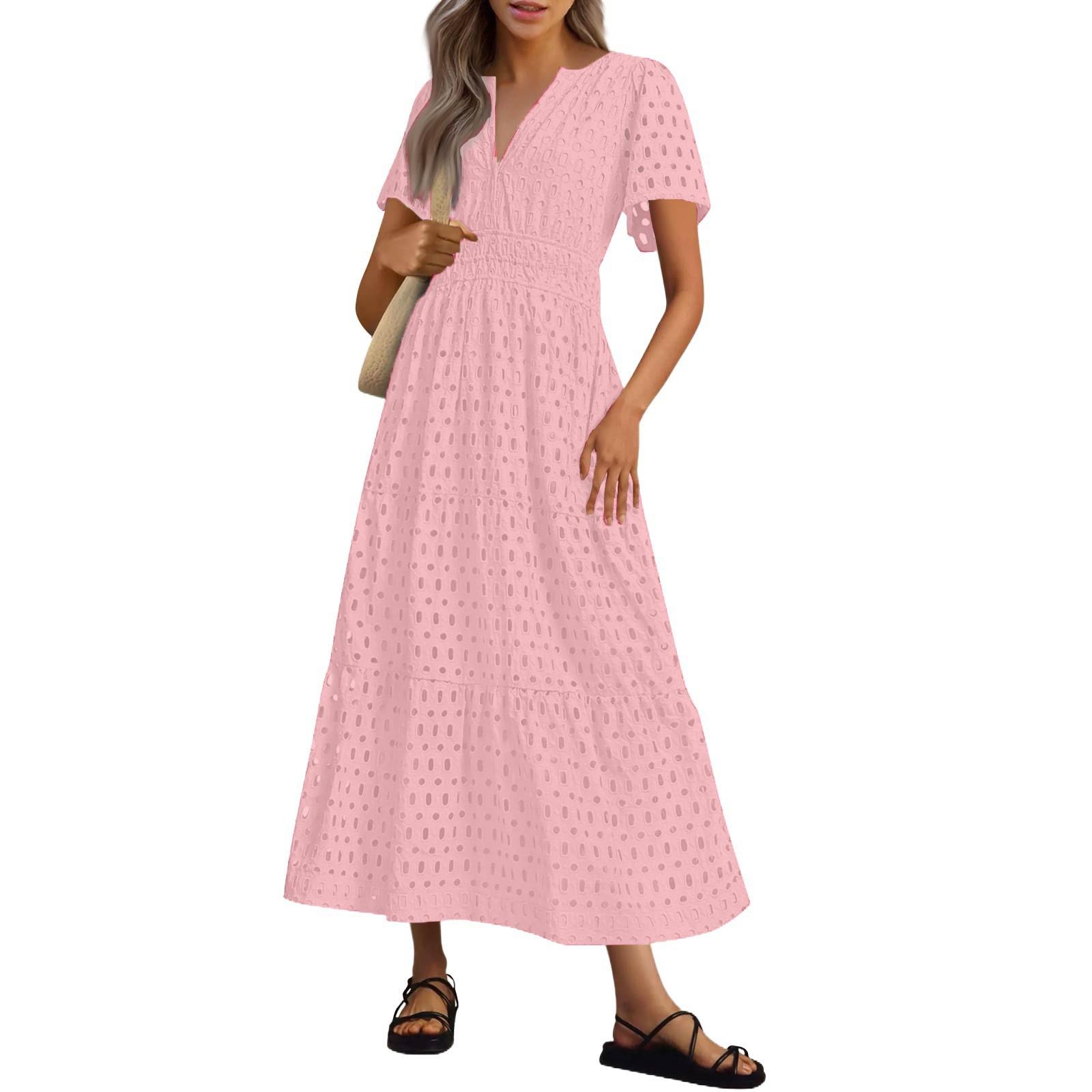 

Женские летние модные ажурные кружевные короткие рукава длинные однотонные повседневные платья XL розовый