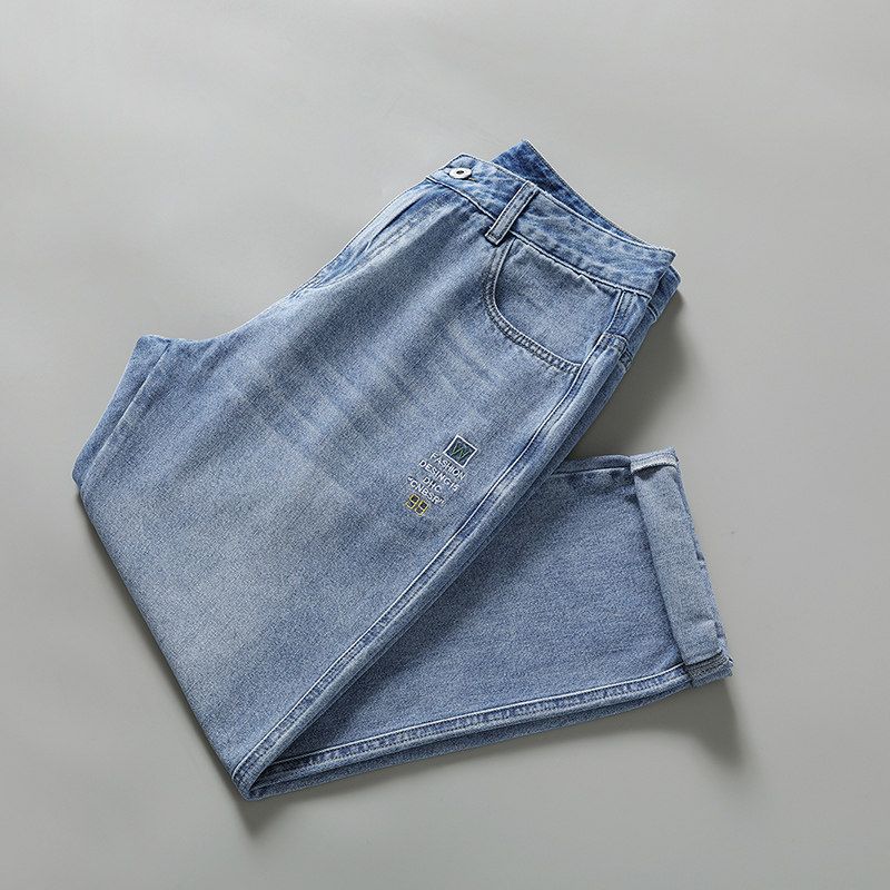 Men s Loose Straight-Leg Cropped Jeans, Summer Thin Style, Trendy Casual Pants, Workwear Harem Long Pants Blue twenty-eight