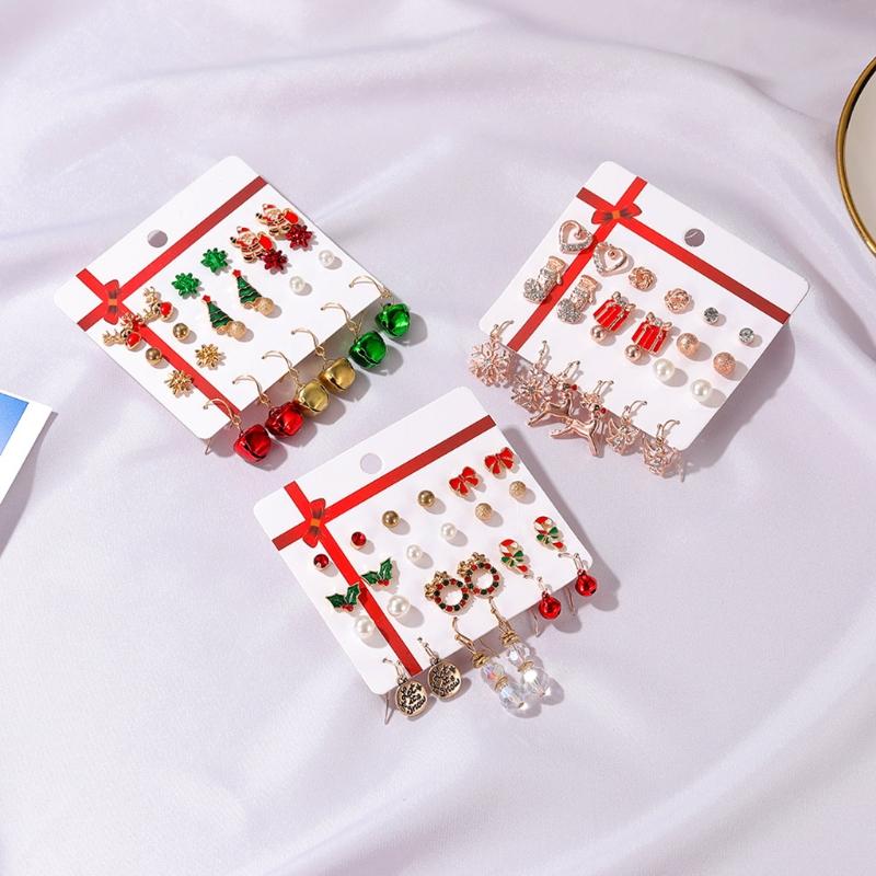 12 Pairs Christmas Earrings Santa Claus Pendants Gift Ornaments Ear Gift Christmas Earrings Set Bow Knot/Bell/Snowflake