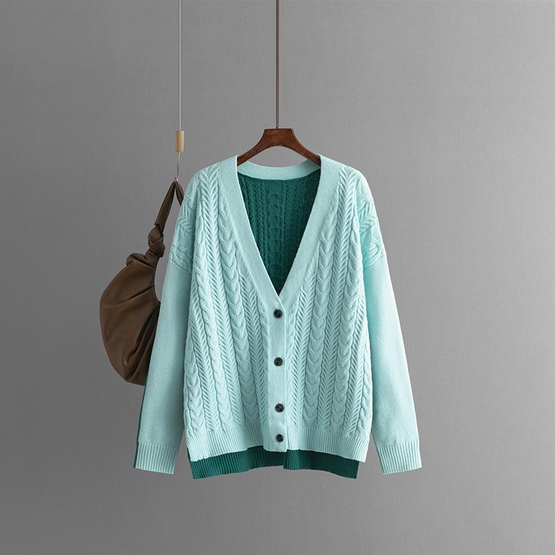 Autumn Winter Vintage Loose Long Sleeve Top Block Color Cardigan Pullover Knitwear Twists V-neck Sweater