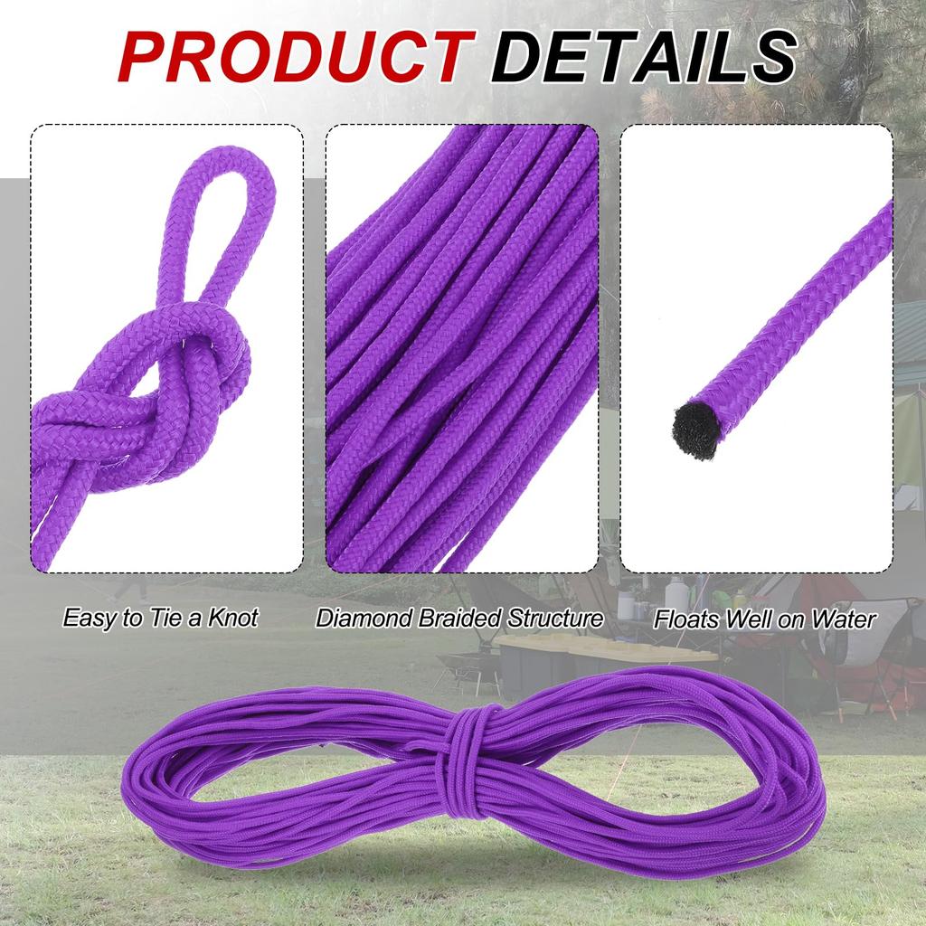 Uxcell 1/4" 150ft Polypropylene Rope, Solid Braided Utility Rope for Camping, Flagpoles, Closets, and Outdoor Use, Purple